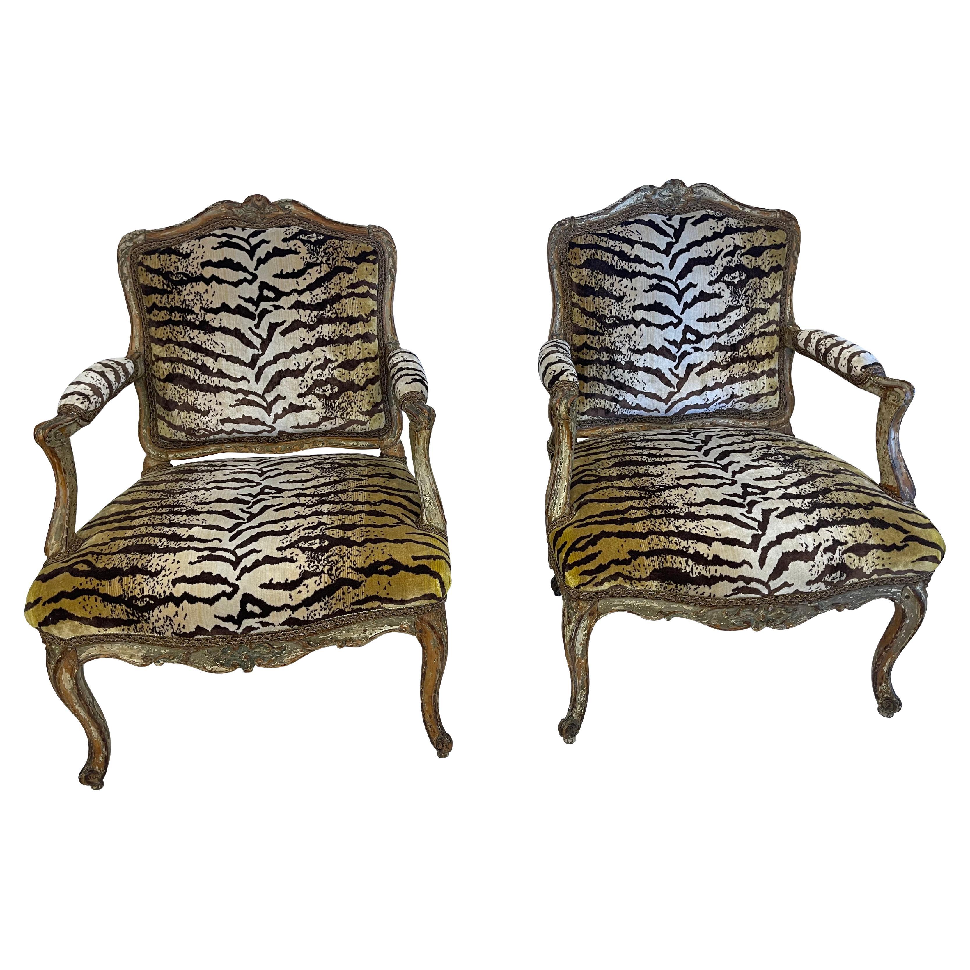 Pair of Period French carved armchairs withScalamandre