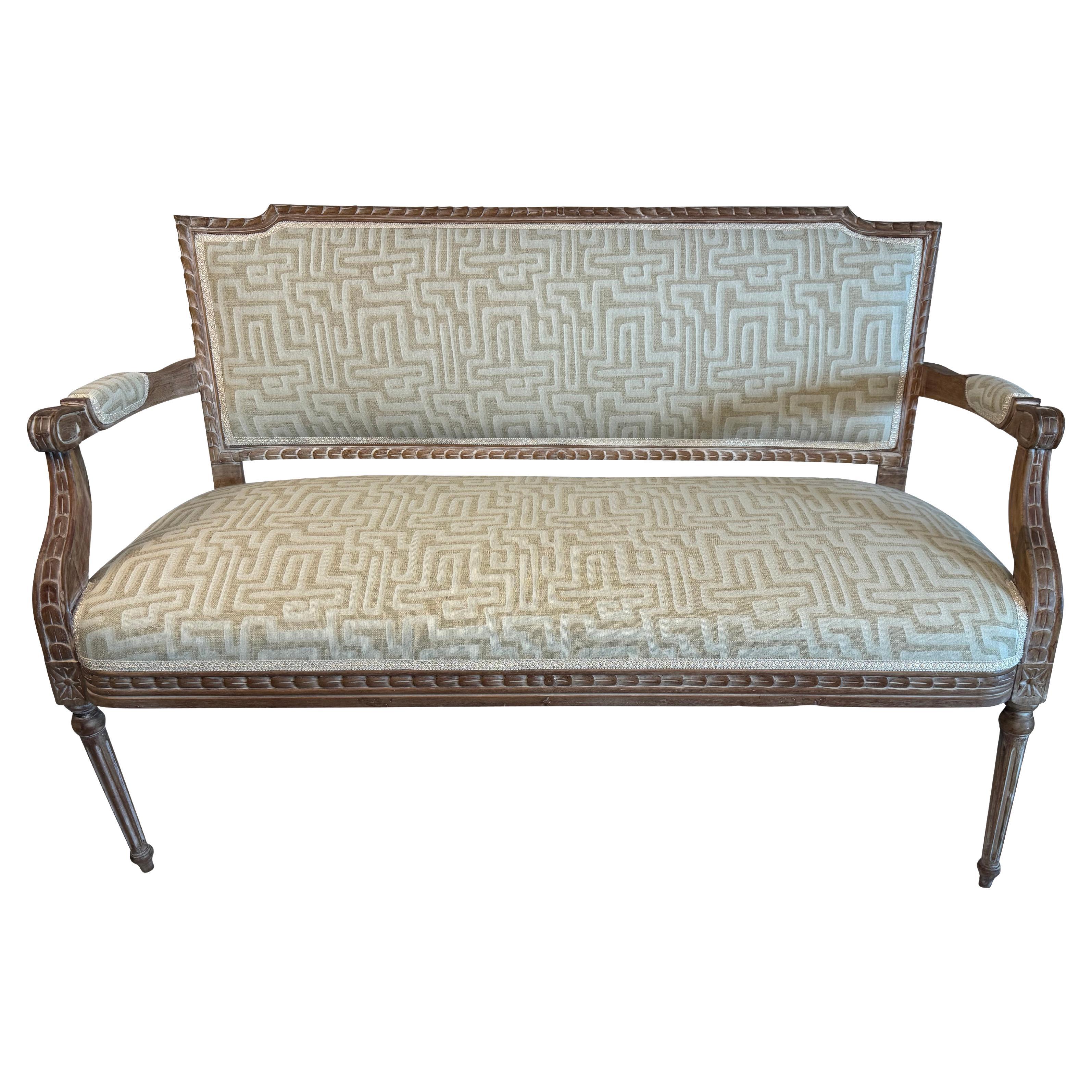 French Carved Natural Wood Settee with Modern Geometric Pattern Beige Upholstery