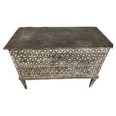 Antique Italian Grey and White Chip-Carved Commode  Hand-Carved Star Pattern