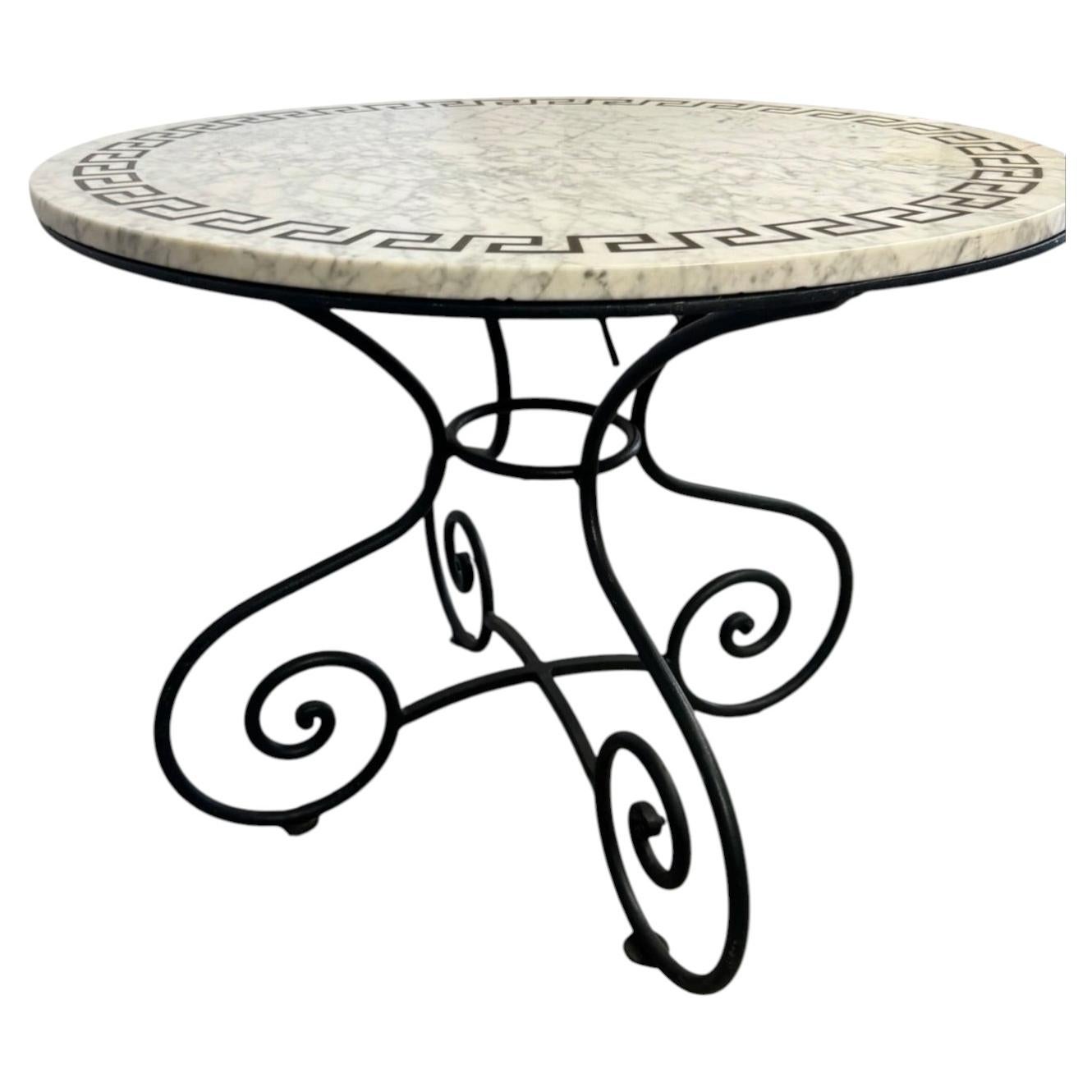 Round Marble Top Table with Greek Key Inlay and Wrought Iron Scroll Base For Sale