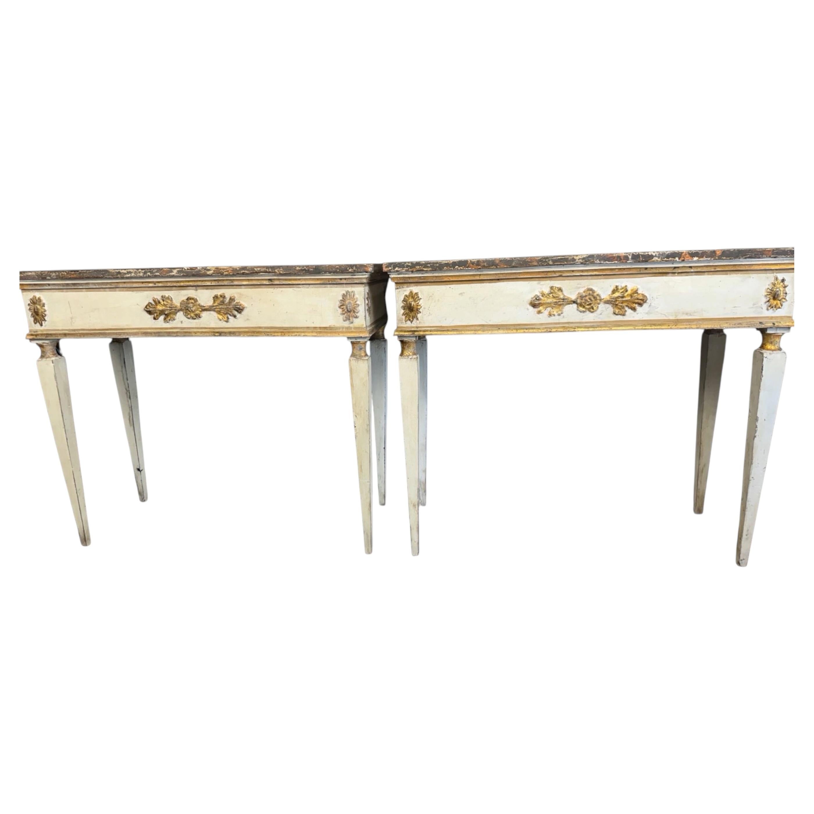 Pair of Italian Neoclassical Painted and Parcel-Gilt Console Tables Faux Marble For Sale