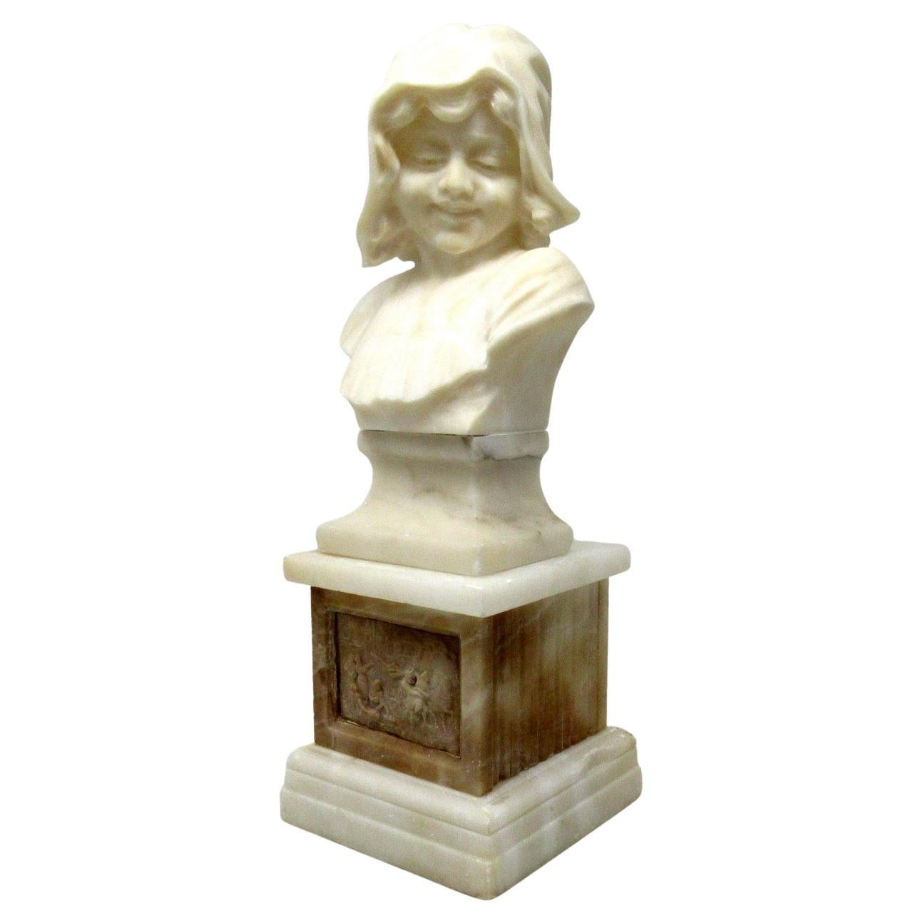 Antique Alabaster Bust Figure Wearing Bonnet Classical Scene French Italian 19Ct For Sale