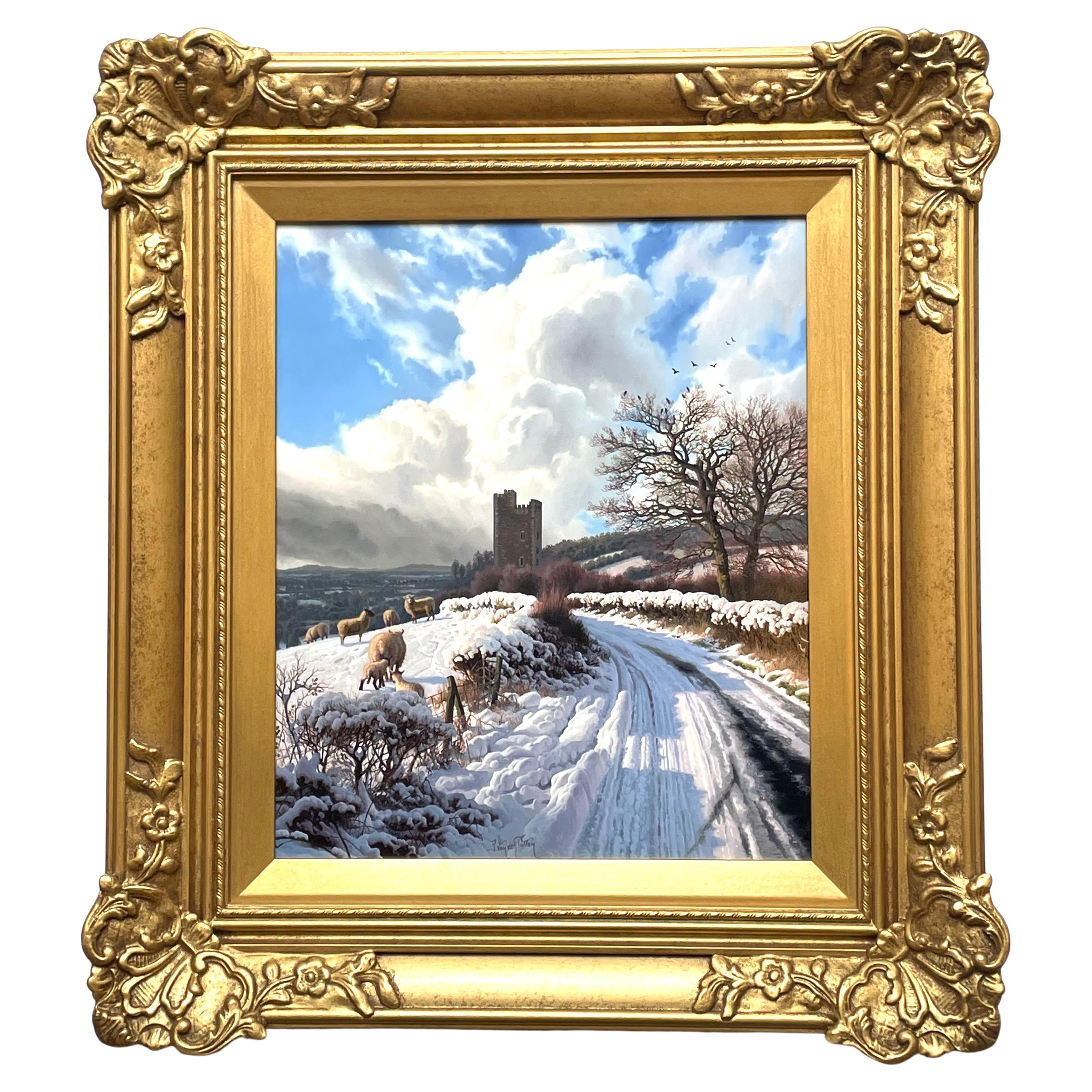 Daniel Van Der Putten - Peinture à l'huile - Scène de neige d'hiver - Château de Glenquin, Limerick en vente