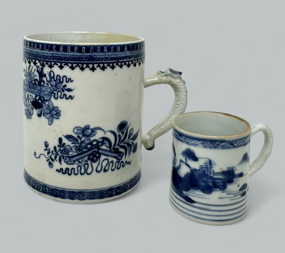 Antique Chinese Export Blue White Qing Dynasty Beer Tankard Childs Mug 18th Cent For Sale