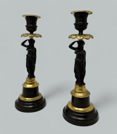 Antique Pair of French Ormolu Gilt Bronze Empire Candlesticks Egyptian Figures
