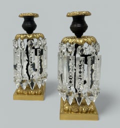 Pair English Regency Ormolu Bronze Crystal Lusters Candlesticks Candelabra 19Ct