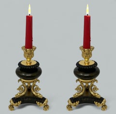 Coppia di candelieri francesi in bronzo dorato Dore Empire con delfini
