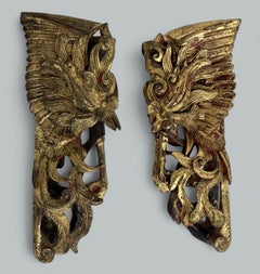 Antique Pair Chinese Export Giltwood Carvings of Crane Phoenix or Foo Dogs 19Ct