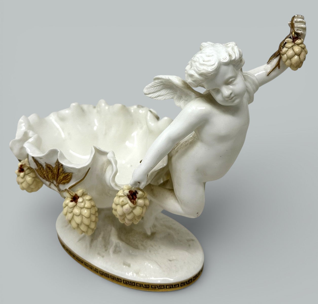Antique English Moore Brothers Porcelain Cream Gilt Cherub Cacti Centerpiece 19C