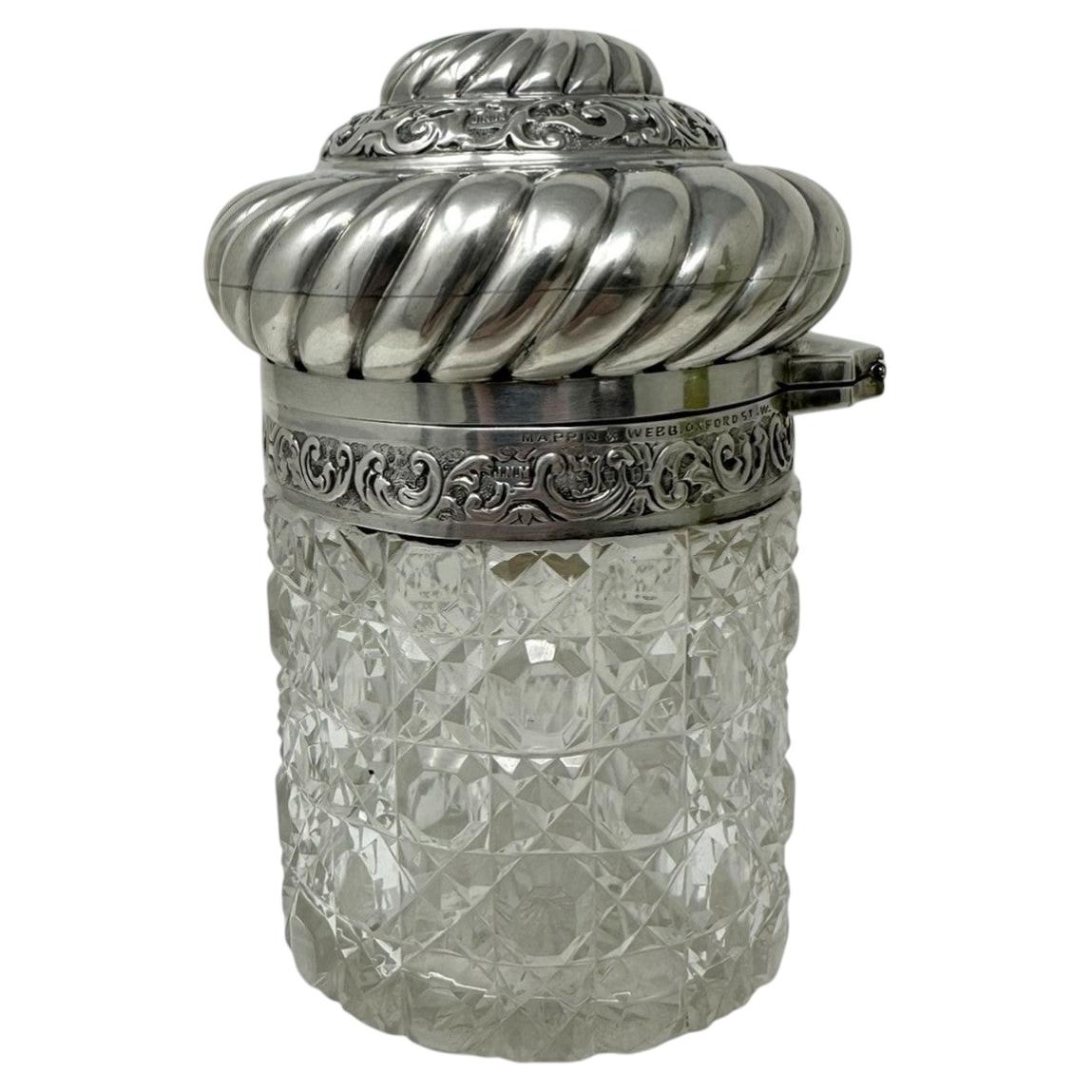 Antique Sterling Silver Jar Centerpiece Mappin Webb Hand Cut Led Crystal Glass For Sale