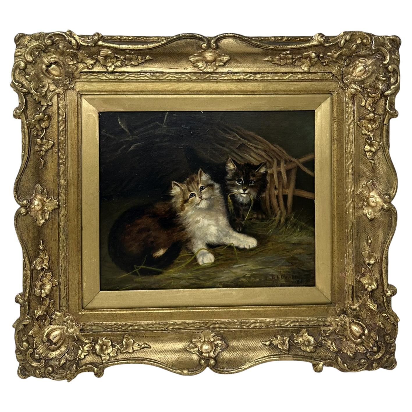 Dipinto a olio su tela d'epoca inglese in stile edoardiano raffigurante gatti e gattini che giocano, datato 1907