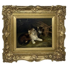 Antique English Edwardian Oil Painting on Canvas Cats Kittens at Play dated 1907