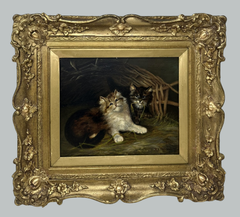Antique English Edwardian Oil Painting on Canvas Cats Kittens at Play dated 1907