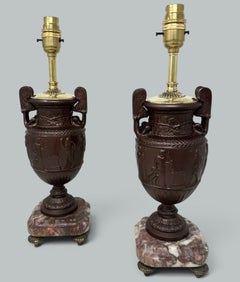 Antique Pair French Bronzed Townley Pair Table Lamps Rouge Marble Grand Tour 19C