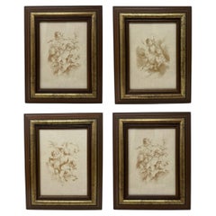 Conjunto antiguo y vintage de cuatro marcos franceses de madera dorada al estilo de François Boucher, en tonos sepia