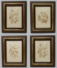 Conjunto antiguo y vintage de cuatro marcos franceses de madera dorada al estilo de François Boucher, en tonos sepia