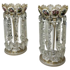Antique Crystal Glass Bohemian Enamel Pair Overlaid Lusters Candlesticks 19thCt