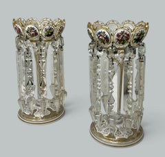 Antique Crystal Glass Bohemian Enamel Pair Overlaid Lusters Candlesticks 19thCt