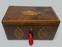 Antique Georgian Mahogany Satinwood Inlaid Jewelry Cigar Conch Shell Casket Box