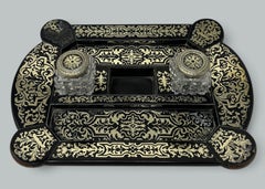 Antique Grand Tour Mahogany Boulle Work Brass Inlaid Desk Set Inkstand Regency