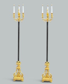 Par de lámparas de pie antiguas francesas de estilo neoclásico, de bronce dorado (doré) y ormolu.