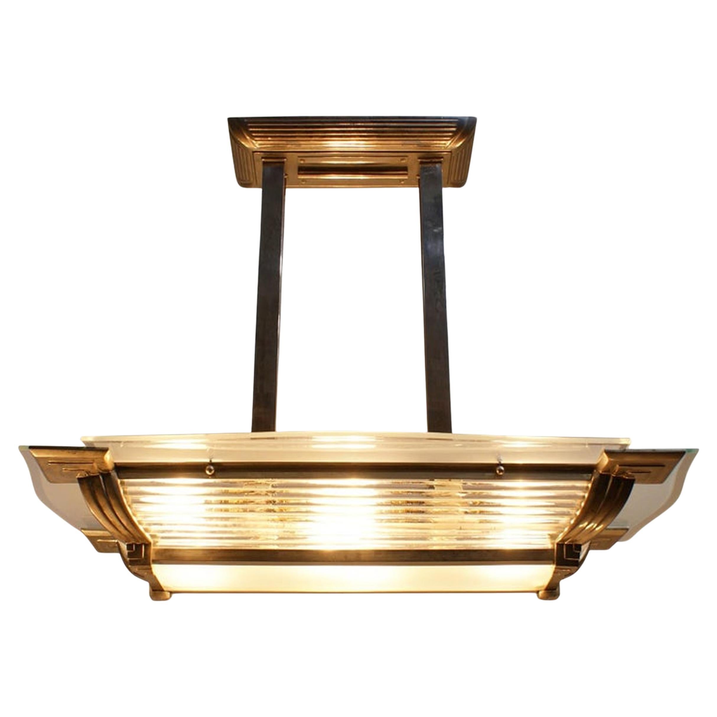 Lampadario modernista Art Deco in bronzo nichelato in vendita