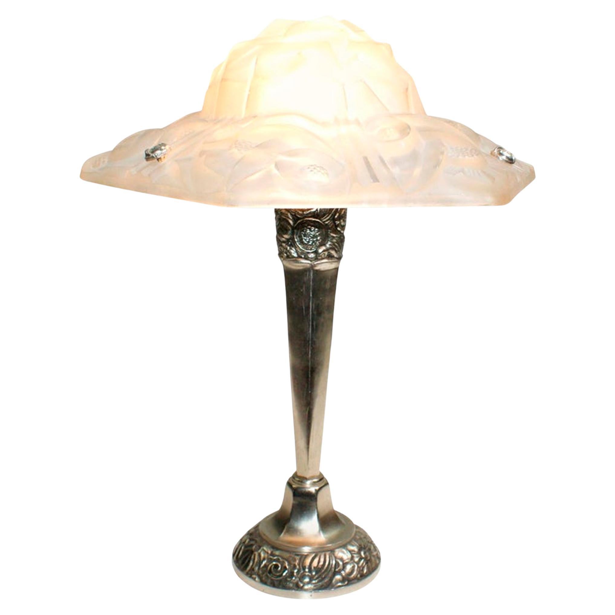 French Art Deco Floral Table Lamp Signed “Degue”