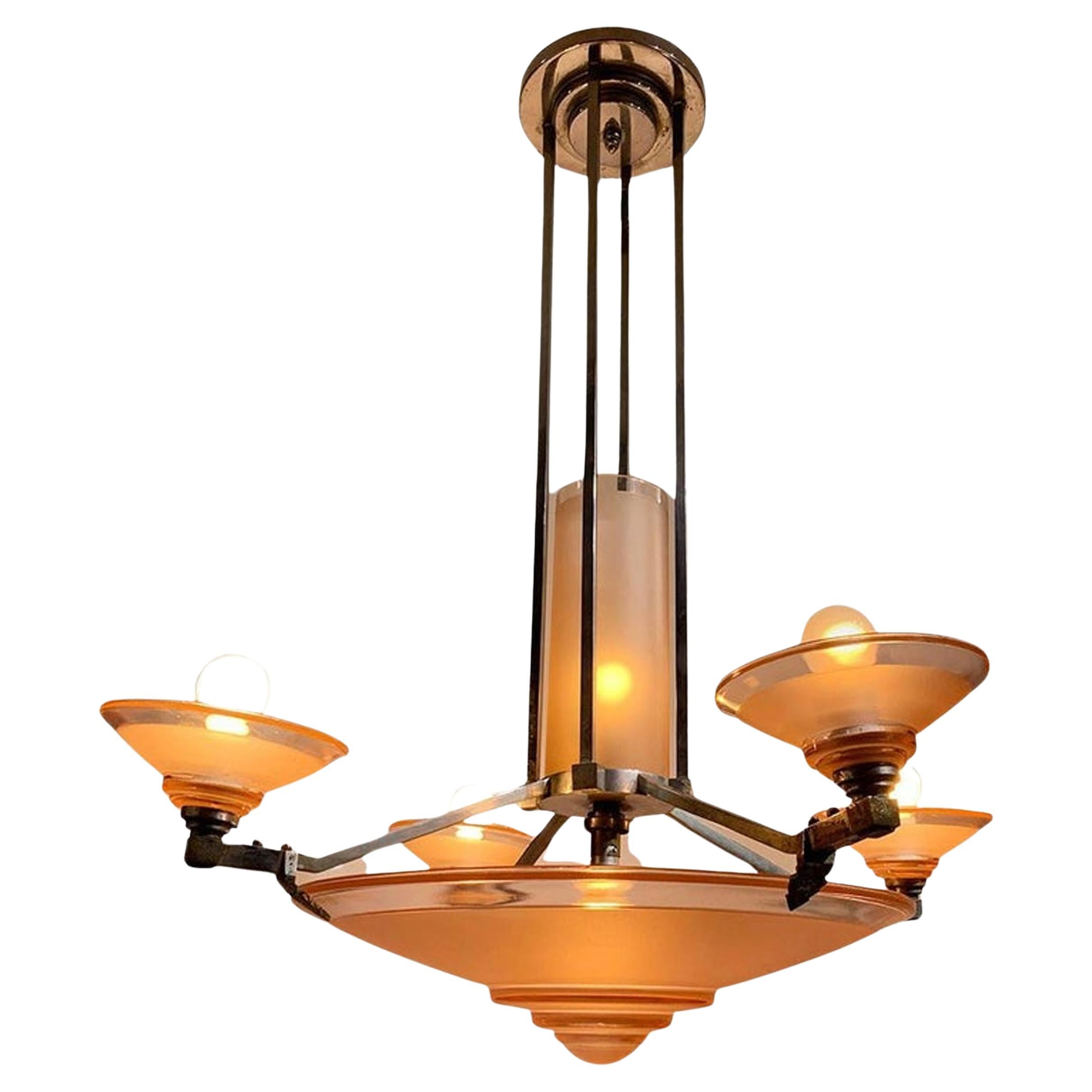 French Pink Art Deco Chandelier Signed H.Petitot