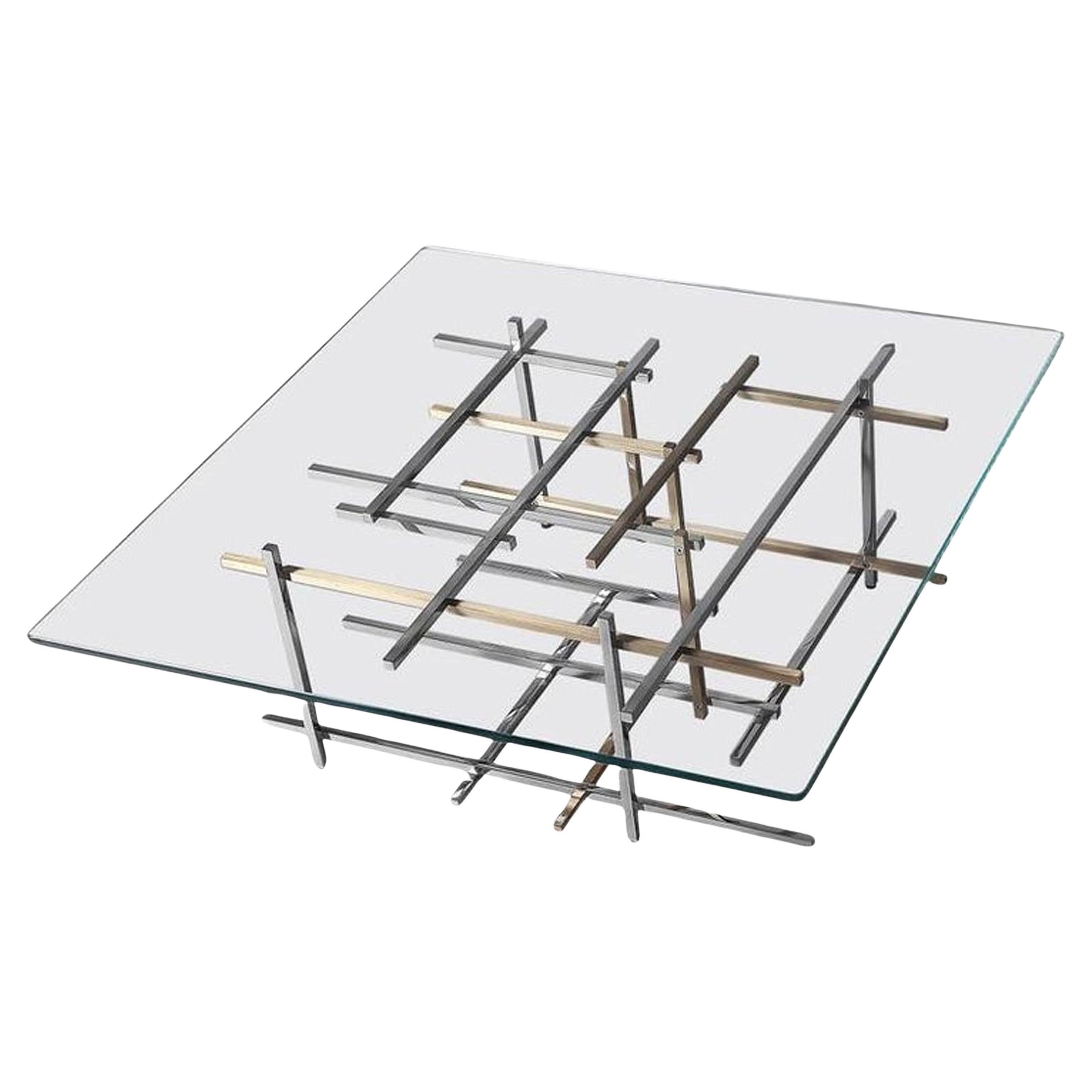 Mikado, Coffee Table in Hand Polished Stainless Steel, Brushed Brass and Glass For Sale