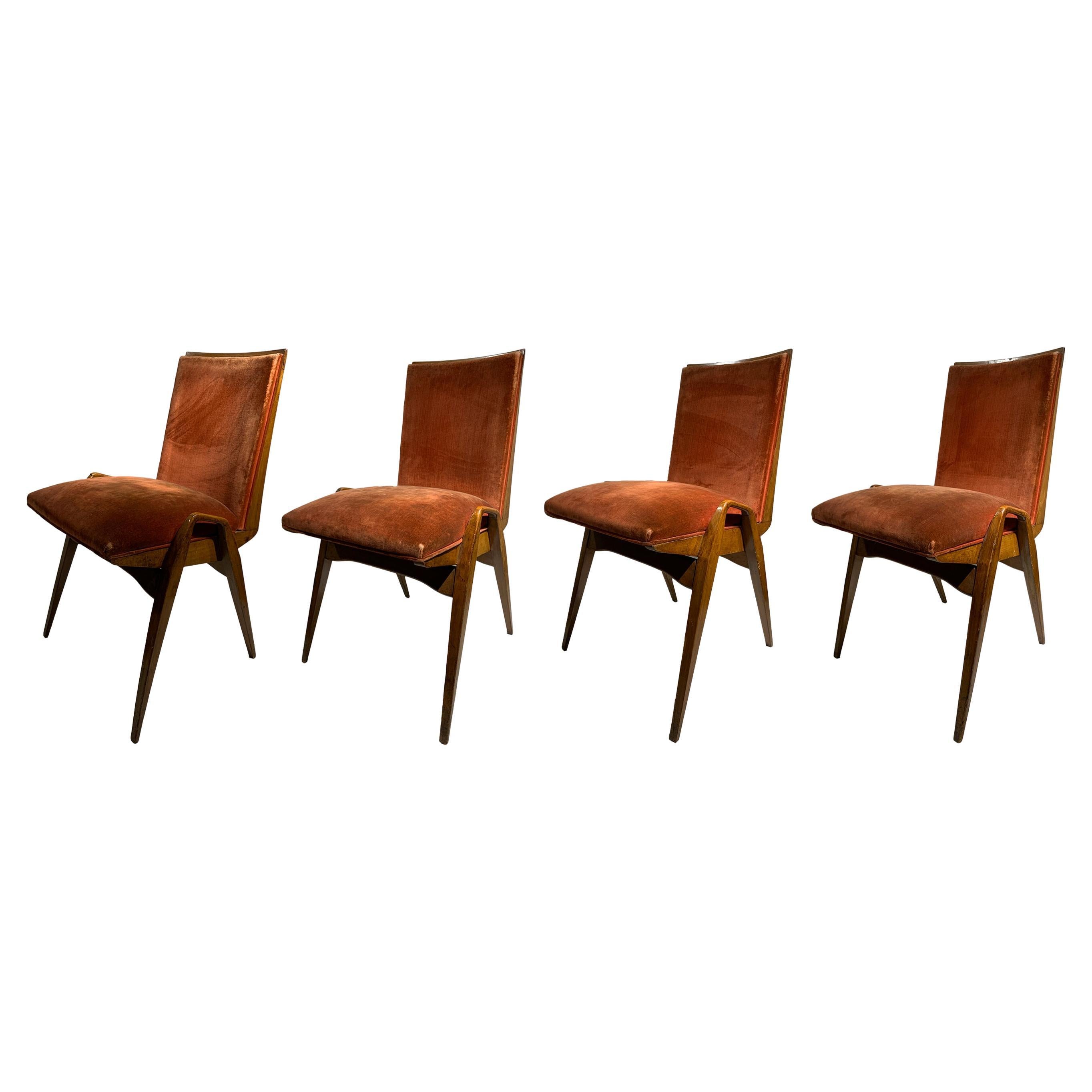 Maurice Pré Juego de 4 Sillas de Comedor Modernas de Mediano Siglo COM, Francia, Años 50 en venta