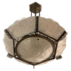 French Art Deco Chandelier by Degué Signed in Frosted Glass, 1930