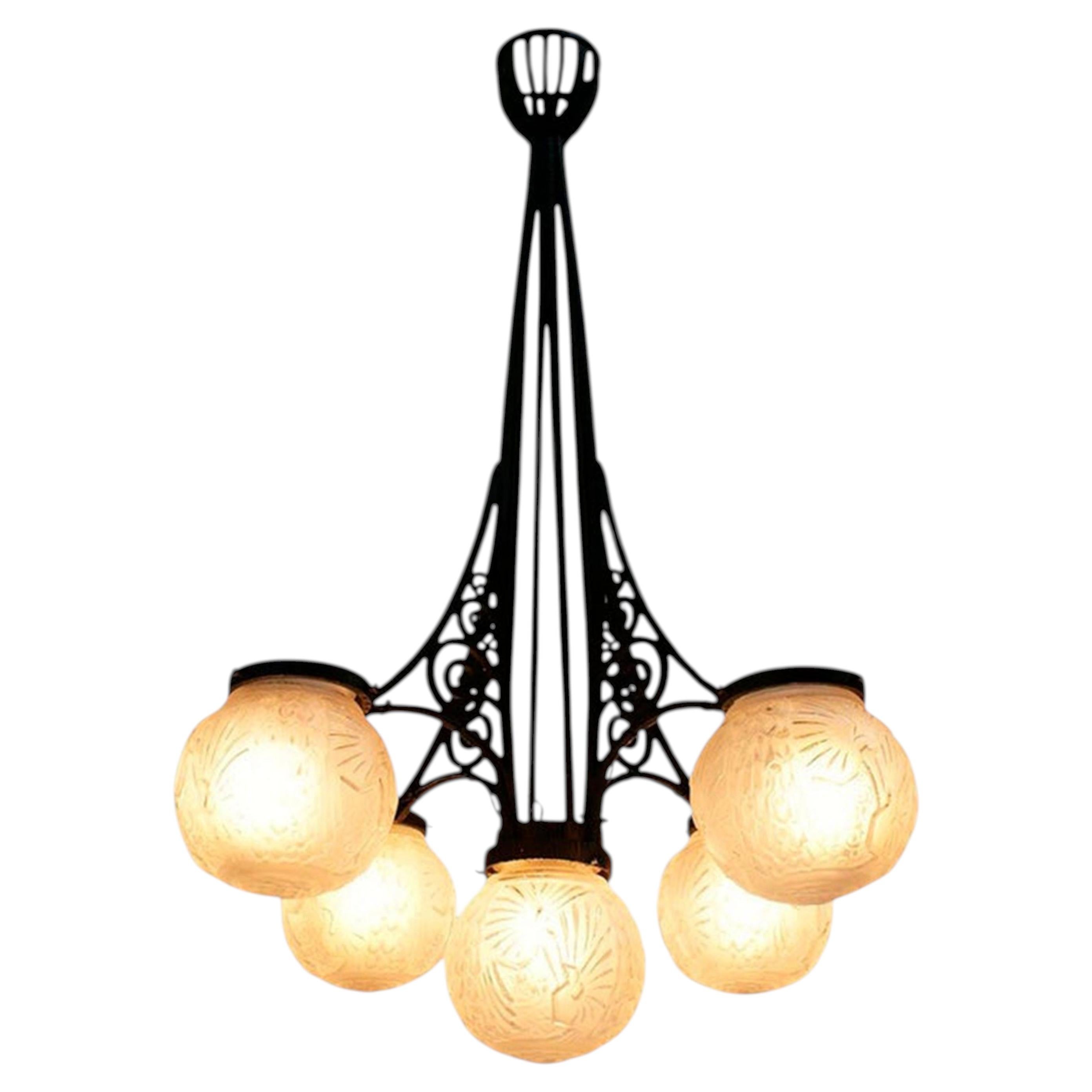 French Art Deco Chandelier, Wrought Iron /Glass Signed "Muller Frères Luneville"