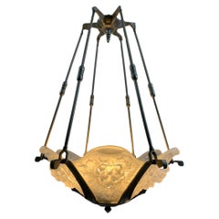 French Art Deco Chandelier in Lorrain Press Molded Glass, Circa 1930's