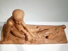 Sculpture Art déco en terre cuite de Susse Frères représentant une femme avec un barzoï, par Georges Coste