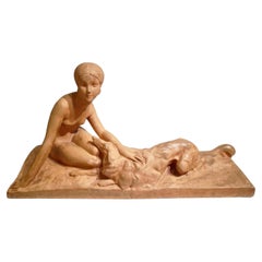 Art Deco Susse Frères Terracotta Sculpture Woman with Borzoi by Georges Coste