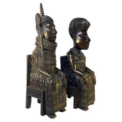 Benin King Oba and Queen, Pair of Hand Carved Seated Ebony Figures West African