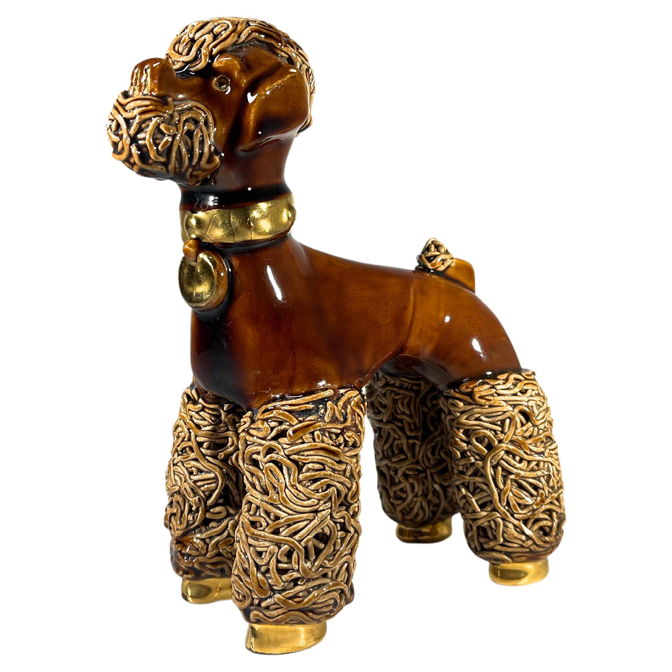Adorable caniche francés con pedigrí, figura de cerámica esmaltada toffee, Vallauris Años 50