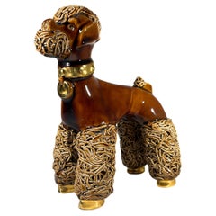 Adorable caniche francés con pedigrí, figura de cerámica esmaltada toffee, Vallauris Años 50