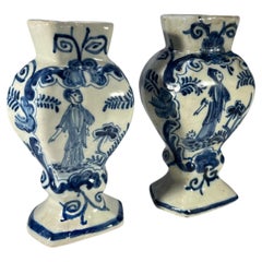 Dutch Delft Cobalt Blue Tin Glazed 19th Century Pair Of Miniature Vases