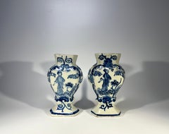 Dutch Delft Cobalt Blue Tin Glazed 19th Century Pair Of Miniature Vases