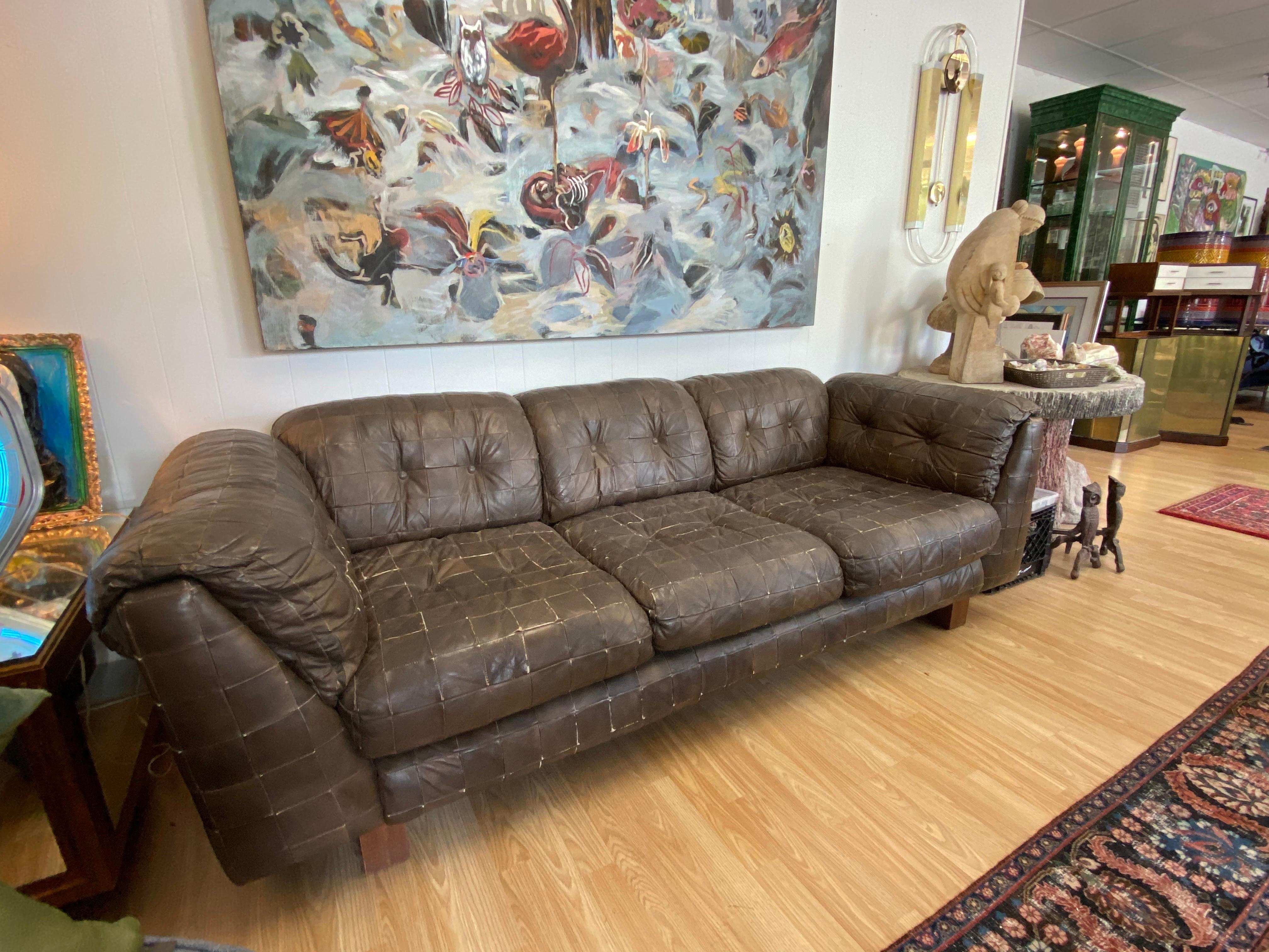 Mid-Century Modern Vintage Leather Patchwork Sofa For Sale