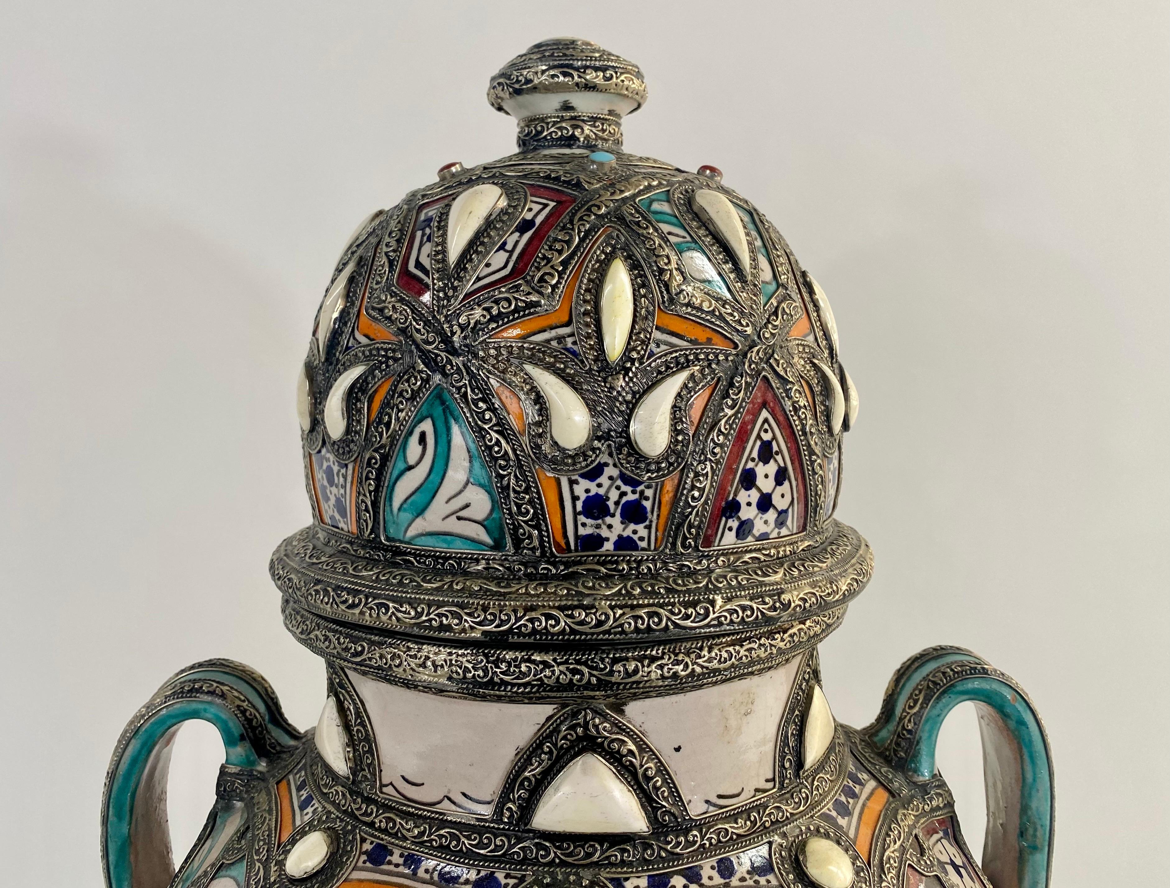 Late 20th Century Vintage Moroccan Palatial Lidded Pottery Vase or Urn with Brass Inlay, a Pair For Sale
