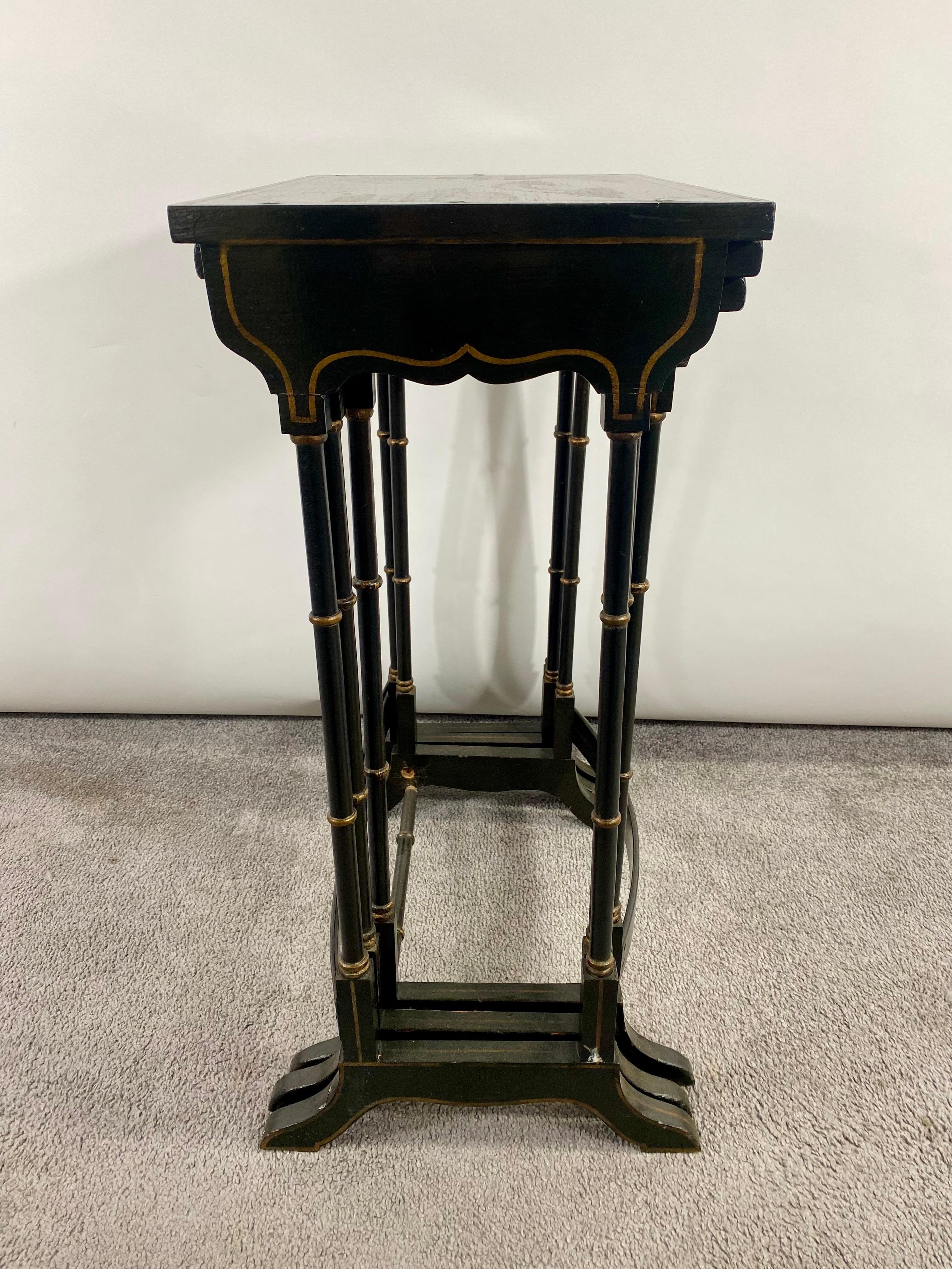 Early 20th Century Chinoiserie Black Lacquered Japanned Nesting Tables, Set of 3 For Sale 12