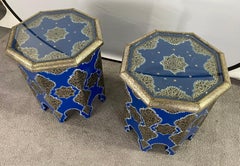 Moroccan Boho Chic White Brass Inlaid Side or End Table in Blue, a Pair