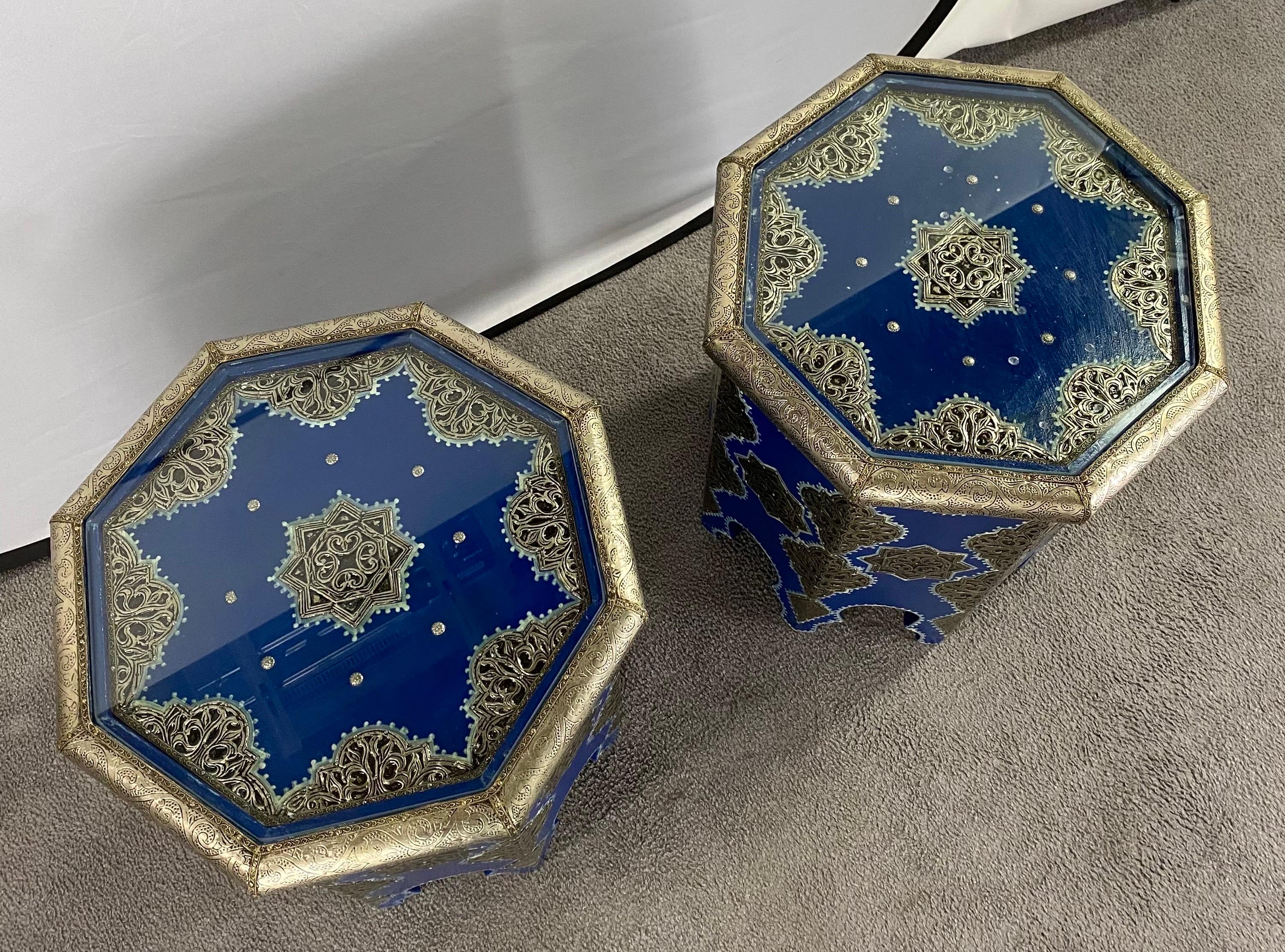 Bohemian Moroccan Boho Chic White Brass Inlaid Side or End Table in Blue, a Pair For Sale