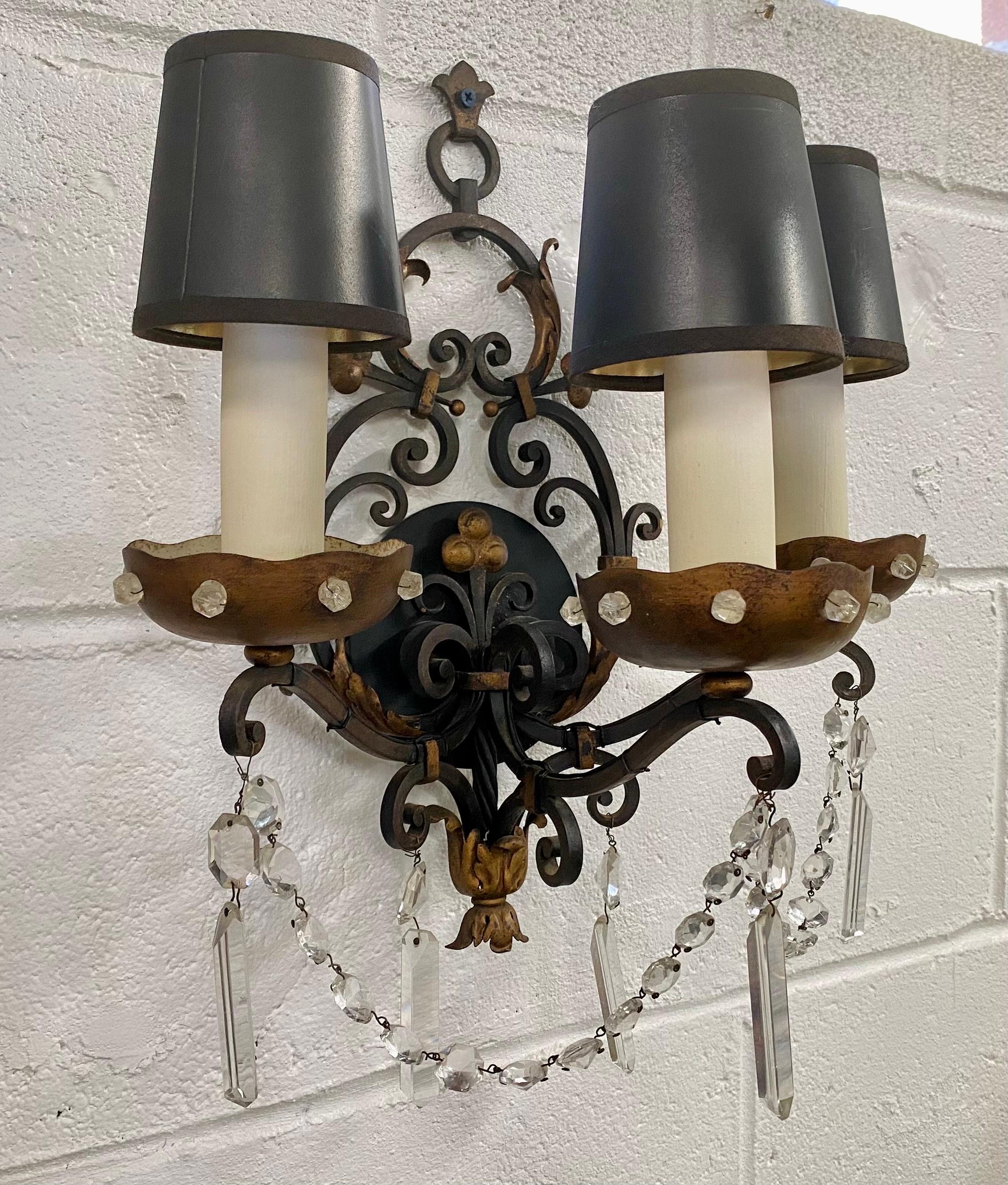 Hollywood Regency Maison Jansen Style Wrought Iron and Bronze Wall Sconce, 3 Arms , a Pair  For Sale
