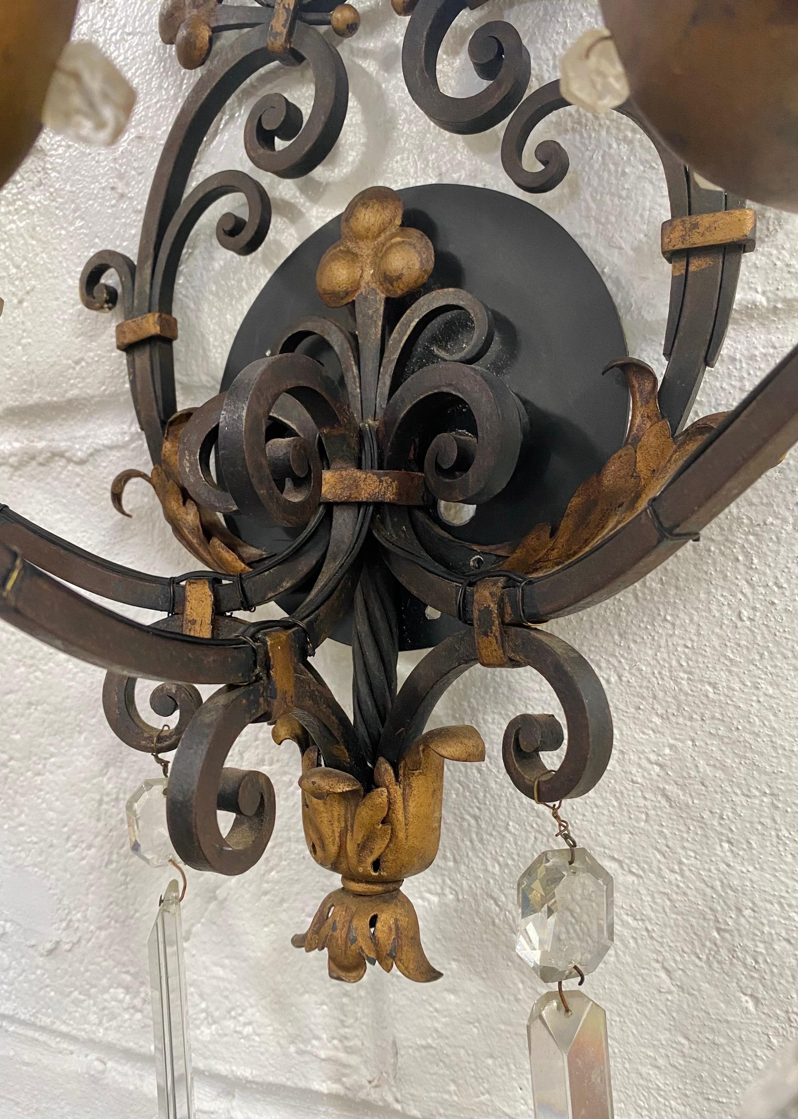 Maison Jansen Style Wrought Iron and Bronze Wall Sconce, 3 Arms , a Pair  In Good Condition For Sale In Plainview, NY