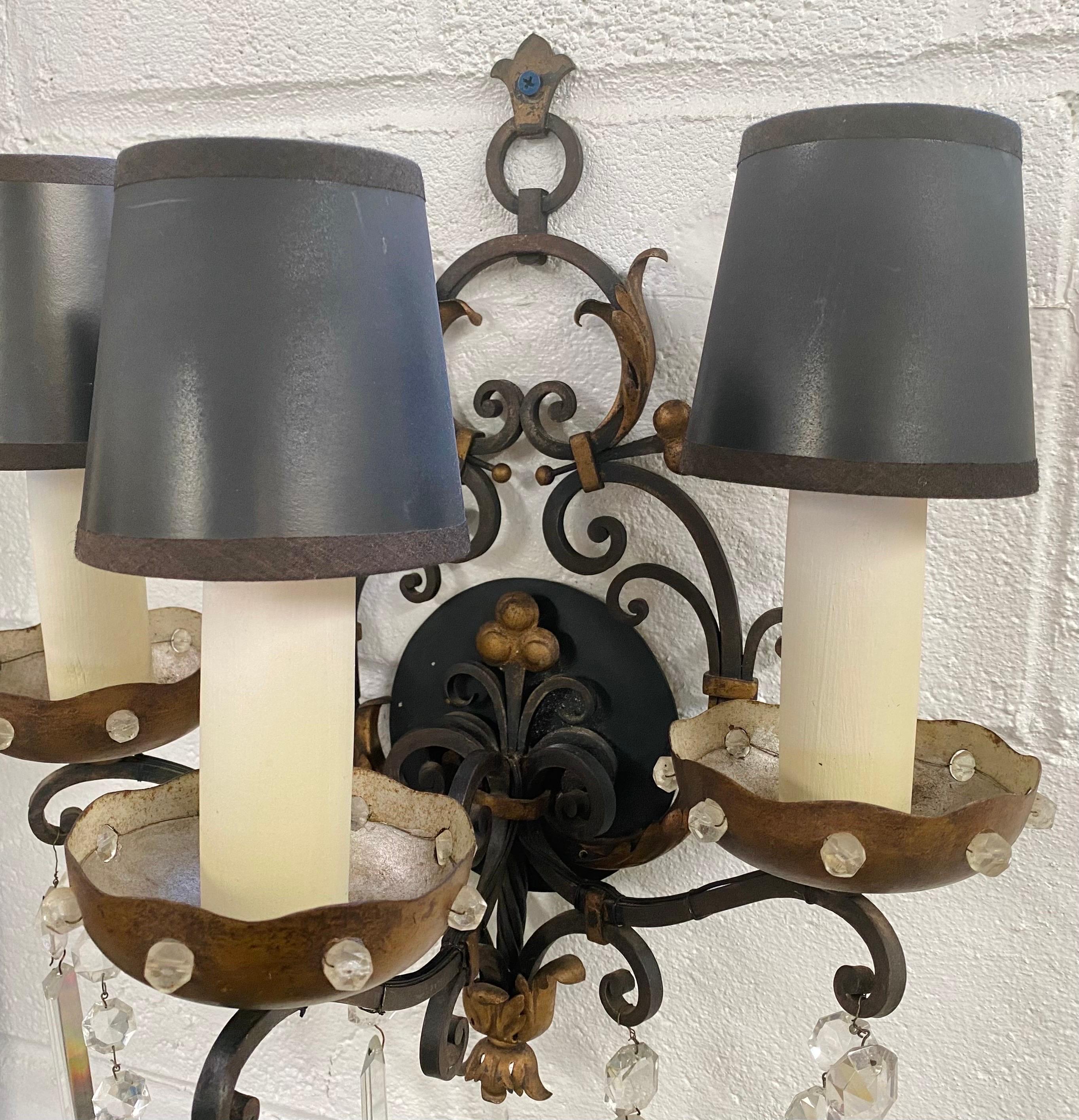 Late 20th Century Maison Jansen Style Wrought Iron and Bronze Wall Sconce, 3 Arms , a Pair  For Sale