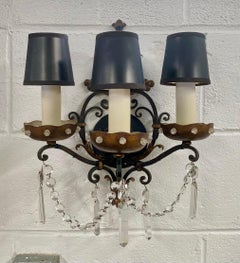 Maison Jansen Style Wrought Iron and Bronze Wall Sconce, 3 Arms , a Pair