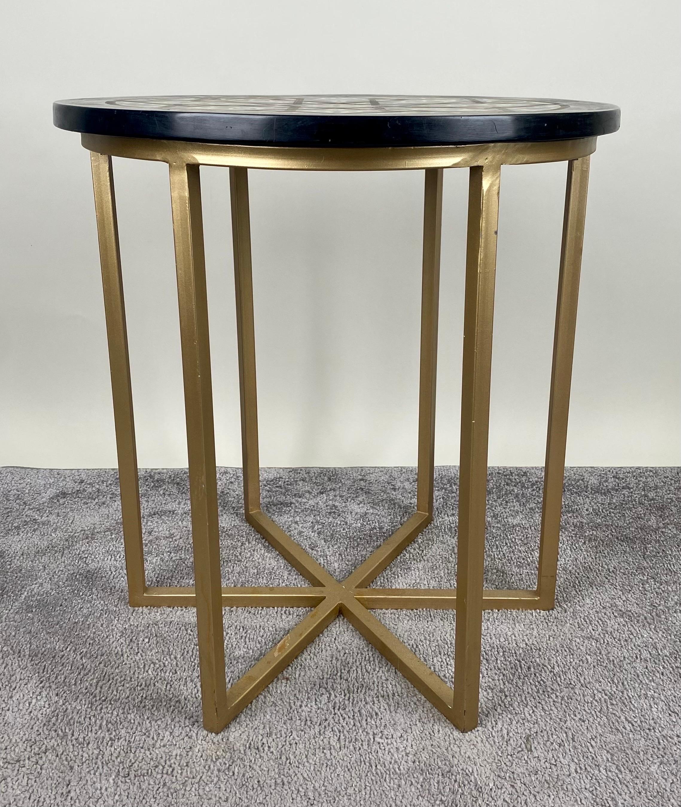Unknown Boho Chic Moorish Design Round Side / End Table with Black Resin Top & Brass  For Sale